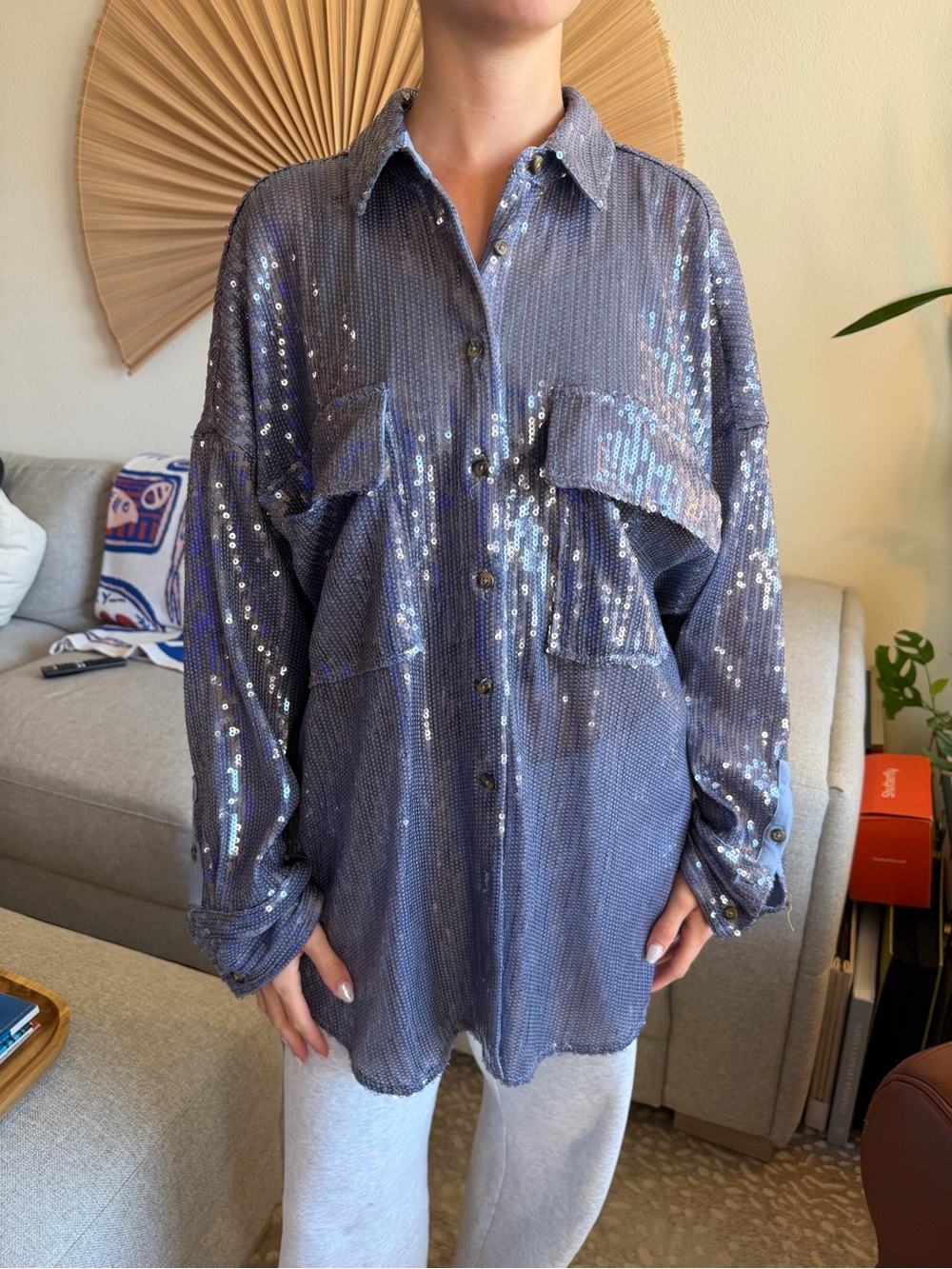 Anthropologie Iridescent Sequin Shirt Jacket in Blue